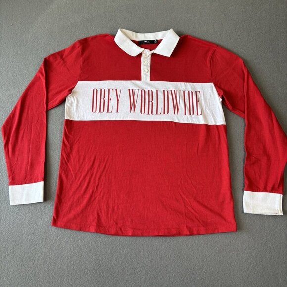 OBEY Worldwide Structure Men's Size M Polo Shirt Rugby Red White Striped Y2K VTG - Picture 1 of 14